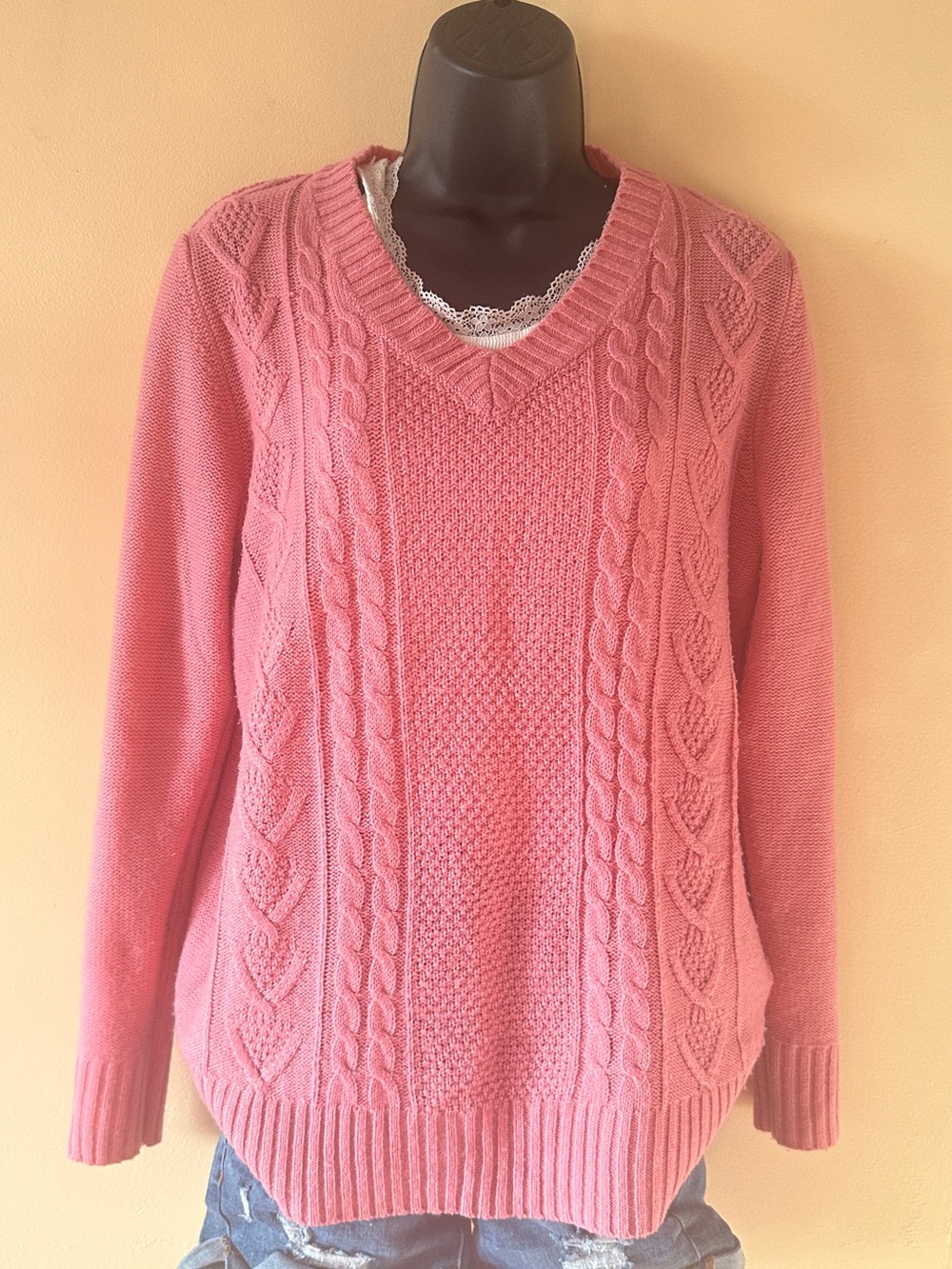 Y2K Vintage Faded Glory Pink Cable Knit Sweater | Size L